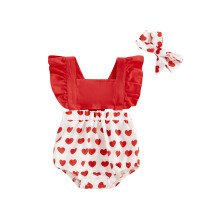 (12-18 Months, Red) Tutina estiva per bambina con maniche a volant, scollo quadrato, stampa a cuori e fascia per capelli inclusa.