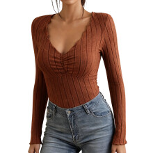(L, Dark Brown) T-shirt en maille pour femme, manches longues, col V, couleur unie, coupe fluide et froncée, idéal pour l'automne