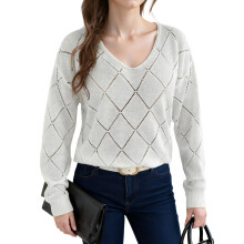 (XL, White) Pulls femme en maille, manches longues, col en V, découpes, couleur unie, parfaits pour un look décontracté.