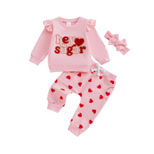 (0-6 Months, Pink) Valentijnsoutfit voor peutermeisjes: sweatshirt met letters, broek met hartjes en bijpassende hoofdband, 3-delige set.