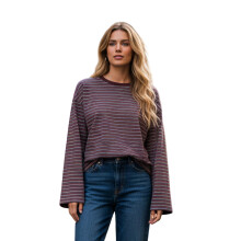 (L, Dark Brown) Hauts décontractés printemps-automne pour femmes, manches longues, col rond, coupe ample, rayés