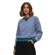 (M, Blue) Sweat-shirt rayé pour femme, coupe ample, col rond et manches longues, style décontracté et tendance
