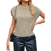 (S, Apricot) Gilet sans manches en maille pour femme, broderie florale, col montant, idéal pour un look streetwear décontracté.