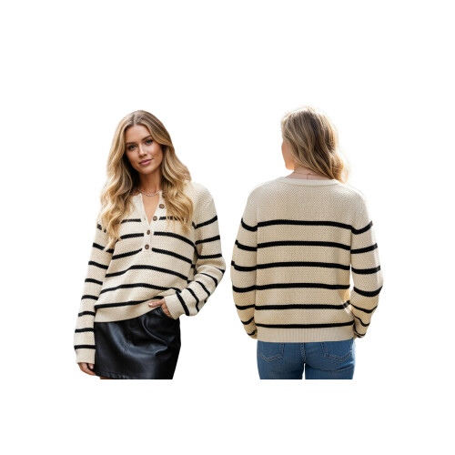 (L, Khaki) Γυναικείο ζεστό ριγέ για φθινόπωρο-χειμώνα 1