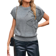 (M, Gray) Gilet sans manches en maille pour femme, broderie florale, col montant, idéal pour un look streetwear décontracté.