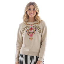 (S, Khaki) Women's Round Neck Sweatshirts Long Sleeve Floral Embroidery Loose Pullovers Streetwear Tops