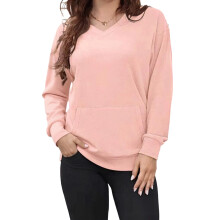 (XL, Pink) Sweat-shirt uni pour femme, coupe classique, col V, manches longues, avec poches, style décontracté automne-hiver.
