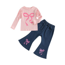 (3-4 Years, Pink) Tacar Bríste do Chailíní, Léine T le Prionta Muinchille Fada agus Bríste Lasrach do Chulaith an Fhómhair