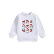 (3-4 Years, White) Bluză de Crăciun cu imprimeu cu fundă Moș Crăciun, guler rotund, mânecă lungă, pulover, haine casual de iarnă