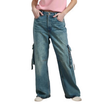 (M, Dark Blue) Jean ample pour femme, pantalon en denim taille basse avec poches, pantalon long décontracté pour le travail.