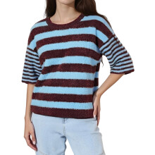 (S, Blue) Pulls en maille rayés à manches courtes et col rond pour femmes, automne-hiver