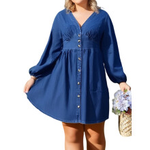 (XL, Blue) Robe en jean grande taille femme, trapèze, manches longues, col V profond, couleur unie, entièrement boutonnée