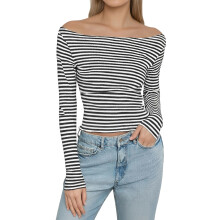 (S, Gray) Hauts courts d'été pour femmes, ajustés, rayés, épaules dénudées, manches longues, streetwear.