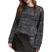 (M, Black) Pull femme usé, col rond déchiré, manches longues, en maille, décontracté hiver/automne