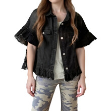(XL, Black) Giacca di jeans da donna, casual, con bottoni, volant, maniche corte, estiva, oversize.