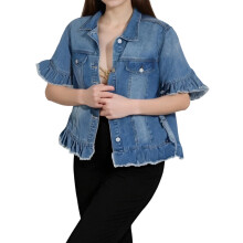 (M, Blue) Giacca di jeans da donna, casual, con bottoni, volant, maniche corte, estiva, oversize.