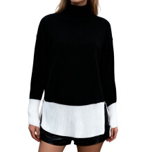 (S, Black) Pull ample d'automne pour femme, manches longues, col montant, ourlet fendu, coloris contrastés