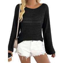 (S, Black) Pull en maille ample pour femme, automne, couleur unie, manches longues, col bateau, épaules dénudées