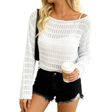 (XL, White) Pull en maille ample pour femme, automne, couleur unie, manches longues, col bateau, épaules dénudées