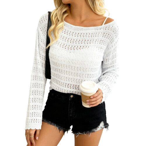 (XL, White) Γυναικεία Φθινοπωρινά Ριχτά Μακρυμάνικο Πουλόβερ