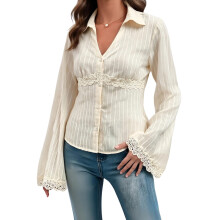 (S, Creamy White) Chemise brodée d'automne femme, col V, manches longues, ajustée, boutonnée, style streetwear
