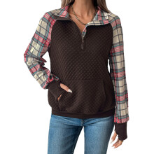 (XL, Dark Brown) Pull ample à carreaux patchwork pour femme, manches longues, demi-zip, poches, style décontracté