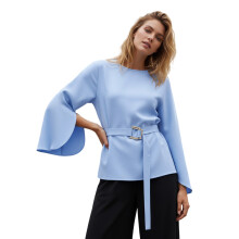 (S, Blue) Blouse à manches évasées pour femmes, col rond, décontractée chic, couleur unie, avec ceinture