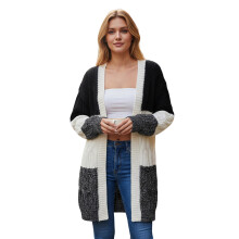 (L, Multi-Color) Gilet long en maille femme, ouvert devant, élégant, manches longues, coloris contrastés, idéal automne/hiver.