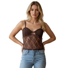 (S, Chocolate) Camisola de encaje sin mangas con tirantes finos para mujer, de verano, a la moda, ajustada
