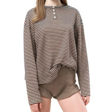 (L, Brown) Hauts d'automne pour femmes, manches longues, col rond, coupe ample, boutons sur le haut, chemises rayées