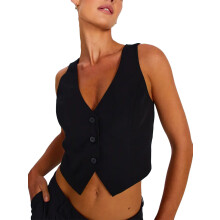 (L, Black) Gilet femme sans manches à col V et boutons, couleur unie, idéal pour un look décontracté au quotidien.