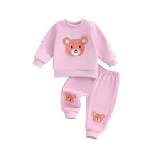 (18-24 Months, Pink) Tacair Bróidnithe Béar le Geansaí Muineál Babhta do Chailíní, Bríste Fada, Éadaí Fhómhair