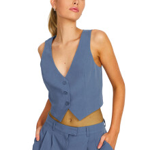 (M, Blue) Gilet femme sans manches à col V et boutons, couleur unie, idéal pour un look décontracté au quotidien.