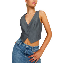 (L, Gray) Gilet femme sans manches à col V et boutons, couleur unie, idéal pour un look décontracté au quotidien.