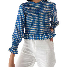(M, Blue) Chemisier à carreaux pour femme, style décontracté et tendance, col rond, manches bouffantes 3/4, volants