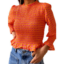(S, Orange) Chemisier à carreaux pour femme, style décontracté et tendance, col rond, manches bouffantes 3/4, volants