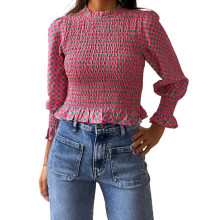 (L, Pink) Chemisier à carreaux pour femme, style décontracté et tendance, col rond, manches bouffantes 3/4, volants