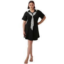 (XXXL, Black) Robe chemise grande taille femme, élégante bicolore, à nouer, col V, manches courtes, idéale printemps été.