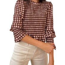 (XL, Coffee) Chemisier à carreaux pour femme, style décontracté et tendance, col rond, manches bouffantes 3/4, volants
