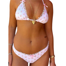 (S, Pink) Dámské květinové bikiny 2dílné, plavky bez rukávů, se zavazováním, vyztuženou podprsenkou a tangy.