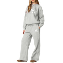 (XL, Light Grey) Dámské kalhoty, mikina s dlouhým rukávem a kulatým výstřihem s mašlí a tepláky