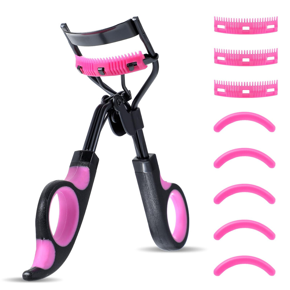 Black/Red Eyelash Curler With Comb For Lifted Separated Lashes, 5 Refills, 3 Combs, Rose