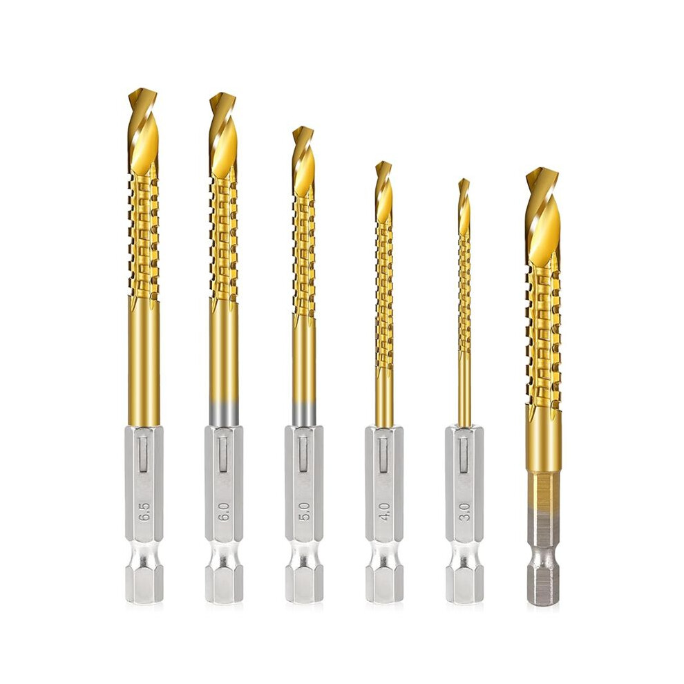 6Pcs Titanium Coated Hss Twist Drill Bits, 3-8Mm Hex Shank Serrated Cutting Drill Bit Spiral Saw Drill Bit 6032328715223