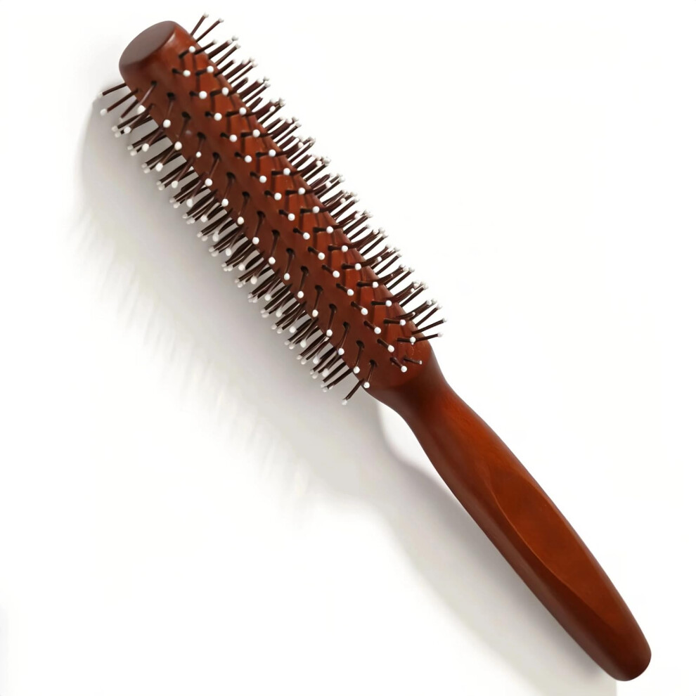 Round Hair Brush with Heat Resistant Nylon Bristles for Blow Drying and Curling, Wooden Handle