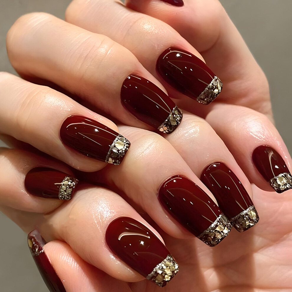 Red Wine Coffin Press On Nails Glossy Full Cover Fake Nails With Glitter Christmas Set 24Pcs