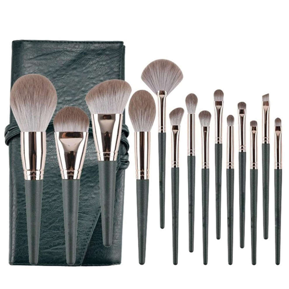 Green 14 Pcs Makeup Brush Set With Soft Touch Bristles For Foundation Eyeshadow Blush, With Case