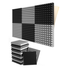 12-Pack Zelfklevende Geluiddichte Schuimpanelen 2X12X12 Inch Piramide-Ontwerp Akoestisch Schuim, voor Thuisstudio, Zwart + Grijs
