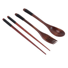 Conjunto de Talheres de Madeira, Conjunto PortáTil de Madeira Pauzinhos Colher Garfo Talheres LouçAs com Fio TrançAdo Preto