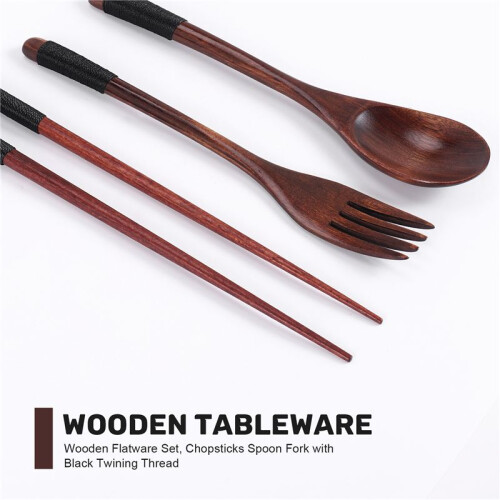 Wooden Flatware Set, Wooden Portable Set Chopsticks Spoon Fork Tableware Dinnerware with Black Twining Thread 1