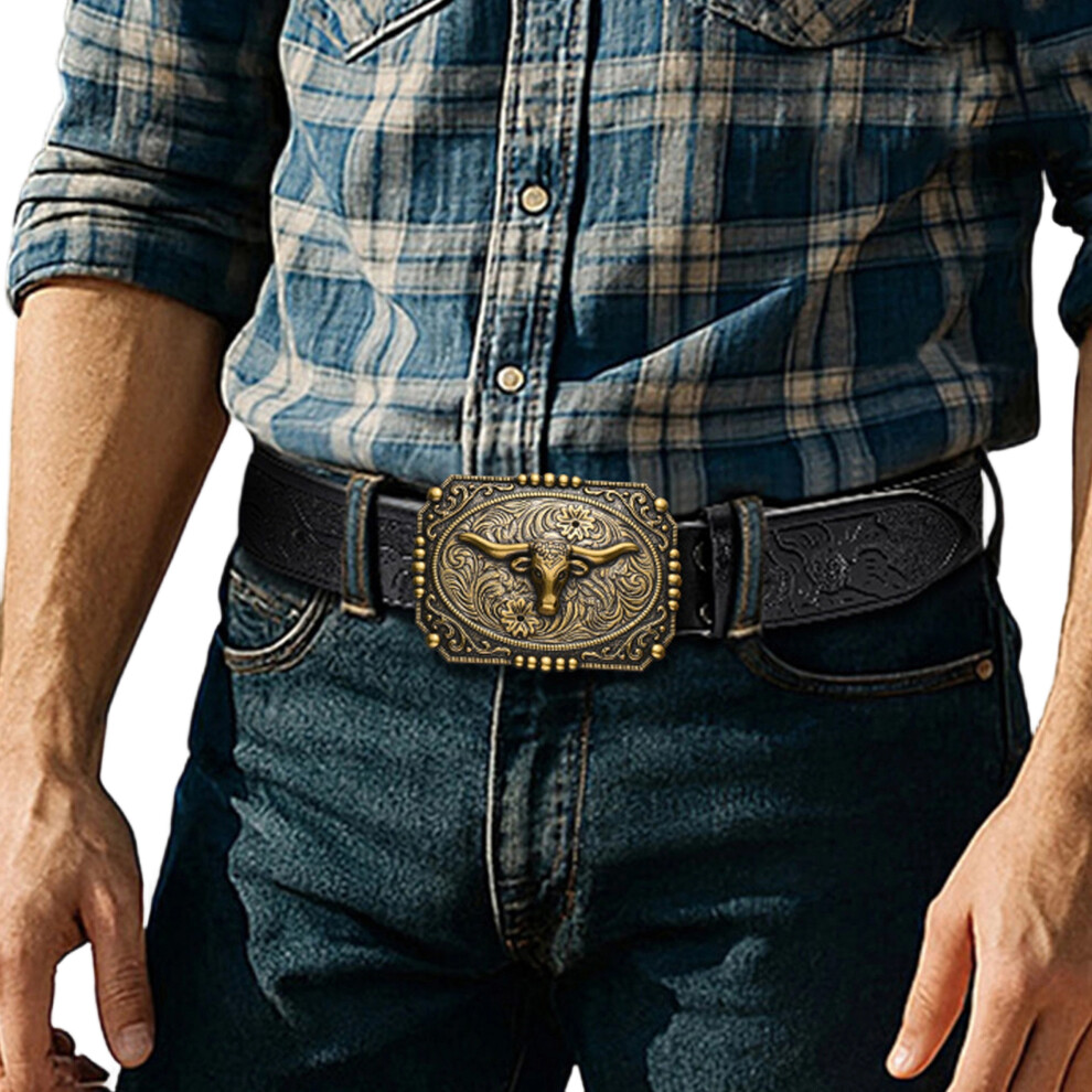 (130cm, Black) Western Leather Cowgirl Belt for Men Women Longhorn Head Buckle Waist Belt Floral Engraved Embossed Vintage Waistband for Jeans